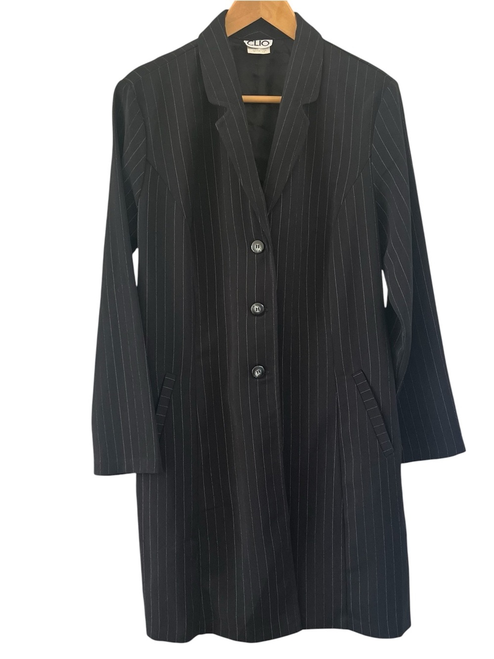Vintage 90s Pinstripe Longline Blazer Coat Dress 10 Officecore Y2K Black CLIO